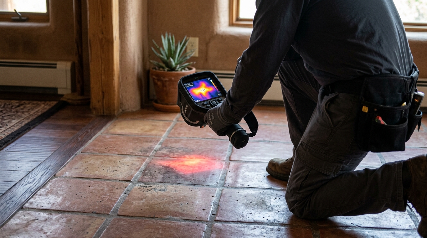 Thermal imaging technician scanning warm tile flooring for hot water slab leak