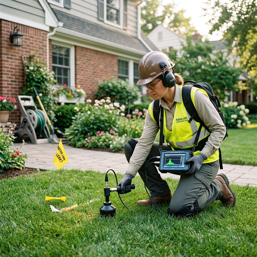 Plumbing technician utilizing digital moisture meter to detect hidden moisture inside wall