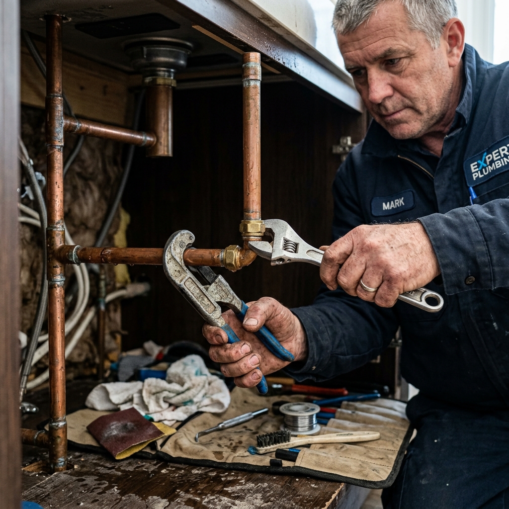 Plumbing technician installing flexible PEX water supply lines through interior wall studs