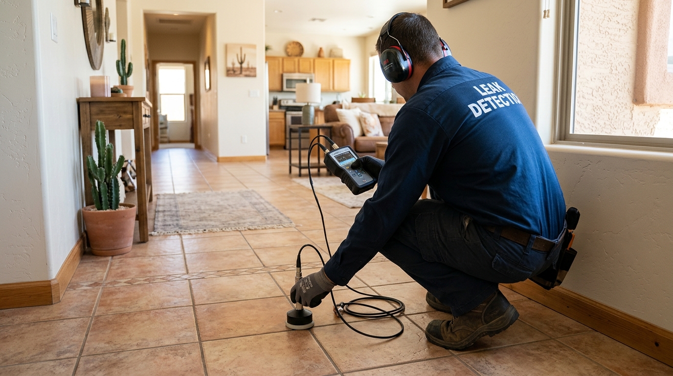 Plumbing technician utilizing electronic acoustic listening equipment on a concrete slab in a Madera home